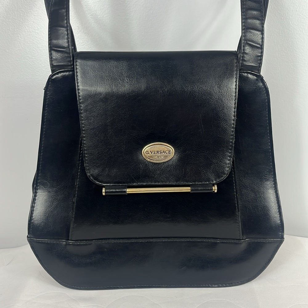 Gianni Versace Vintage Black Leather Shoulder Bag Purse